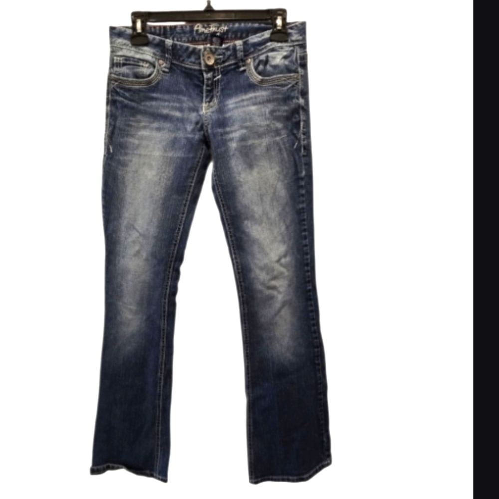 Vintage Y2K Boot Cut Jeans 5 Low Rise Embroidered Flap Pockets Denim Blue Wash